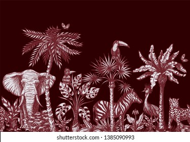 Seamless border with graphical tropical tree such as palm, banana and jungle animals. 