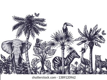 Seamless border with graphical tropical tree such as palm, banana and jungle animals. 