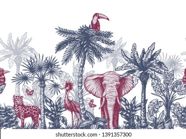 Seamless border with graphical tropical tree such as palm, banana and jungle animals. 