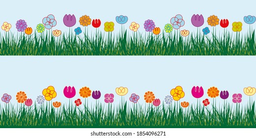 nahtlose Grenze von Gras und Blumen auf blauem Hintergrund für die Gestaltung kreativer Werke