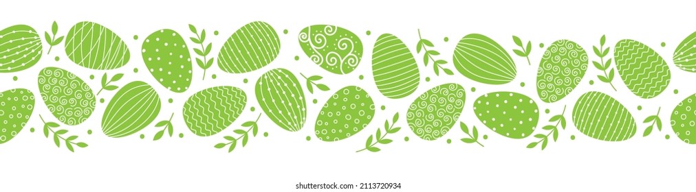 Seamless border with green eggs and leaves. Easter decorated eggs. Isolated vector illustration 