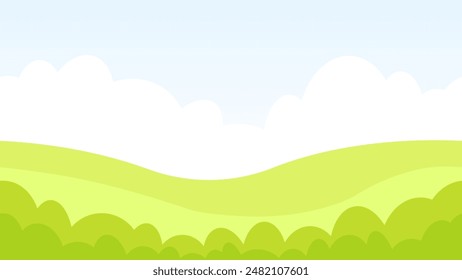 Seamless border of green field with bushes in the foreground and clouds in the background