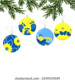 Seamless border of green fir tree branches with hanging Christmas balls in Ukrainian ethnic colors