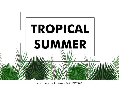 Seamless border with green tropical exotic banana palm leaves on style background and logo note tropical summer. Vector illustration stock vector.