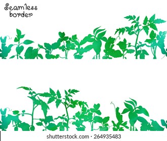 Seamless border with green watercolor silhouettes of various seedlings and garden plants. Vector design, seamless each other and together.