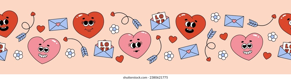 Seamless border of groovy hearts, flowers and envelopes. Cartoon characters and elements in trendy retro style on pink background. Vector illustration