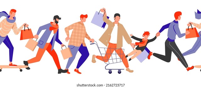 Seamless border with Group of colorful people in hurry. Male and female runners on the race isolated on white background. Flat Art Vector Illustration