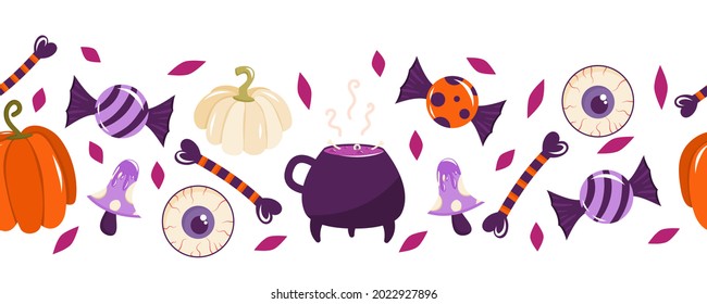 Seamless border for Halloween with candies, pumpkins, bones, an eyeball and a witch's cauldron. Vector illustration of a seamless pattern.