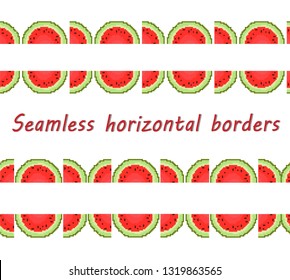 Seamless border of the halves of watermelons. Vector. Pixel. Embroidery