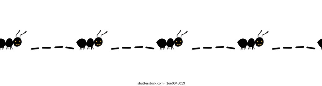 Seamless border with hand drawn ants. Black worker ants marching. Cute ants repeating border. Working team concept. Insects illustration