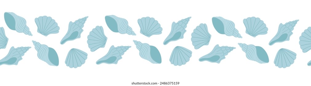 Borde sin costuras con concha azul dibujado a mano sobre fondo blanco. Plantilla para impresión, tela, tarjeta de felicitación e invitación. Ilustración vectorial