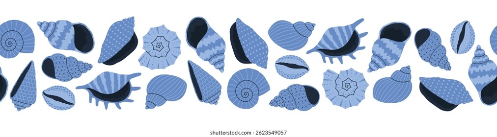 Borda sem costura de conchas azuis desenhadas à mão. Fundo para impressão, cartão de saudação, têxtil, papel de parede . Ilustração vetorial