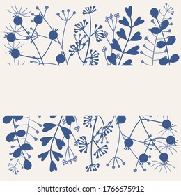 Seamless border with hand drawn branches of plants . Pattern Botanical design on white. Space for text. Vector illustration. Monochrome