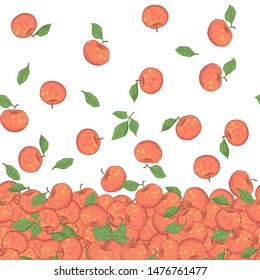 Seamless border with hand drawn colored red apples with leaves vector illustration