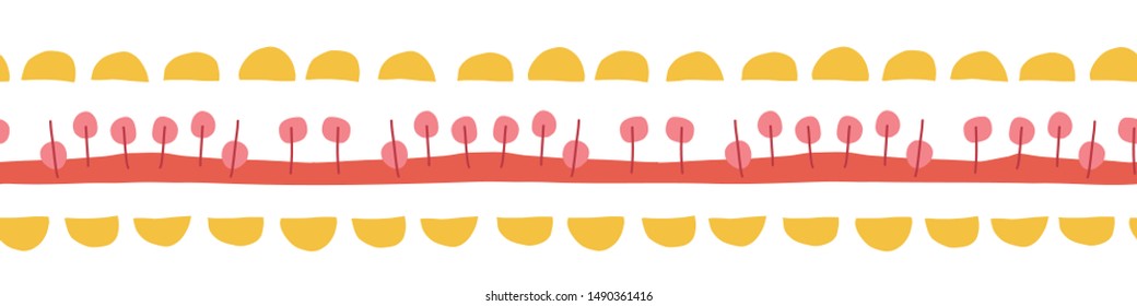 Seamless border hand drawn doodle illustration. Vector kids pattern abstract. Ribbon trim. Yellow, red, pink repeating design. Use for kids fabric, cards, birthday invites, children decor, banner