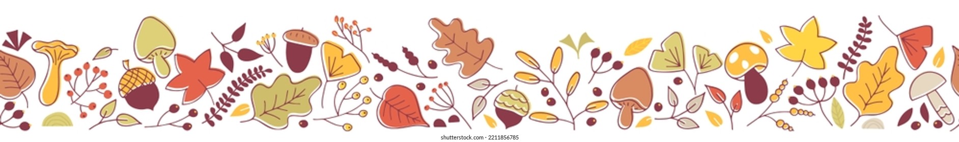 Seamless border of hand drawn leaves, acorns, mushrooms, branches and berries. Horizontal banner, botanical autumn illustration, fall, seasons. Thanksgiving and Harvest Day. Vector pattern with plants