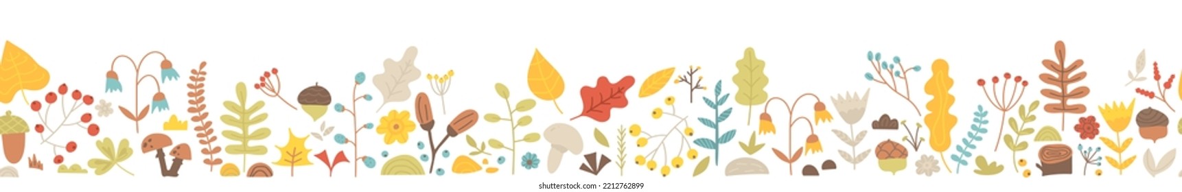 Seamless border of hand drawn leaves, acorn, mushroom, branch and berries. Horizontal banner, botanical autumn illustration, fall, season. Thanksgiving and Harvest Day. Vector pattern with cute plants