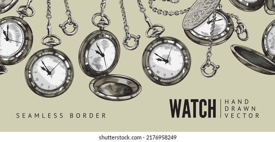 Borde transparente con traza manual abrió relojes de bolsillo con estilo de esbozo de cadenas, ilustración vectorial. Reloj vintage grabado, accesorio de elegancia, dial con flechas y números