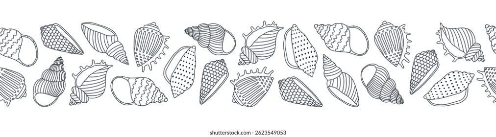 Borda sem emenda de conchas desenhadas à mão contorna conchas. Fundo para impressão, cartão de saudação, têxtil, papel de parede . Ilustração vetorial