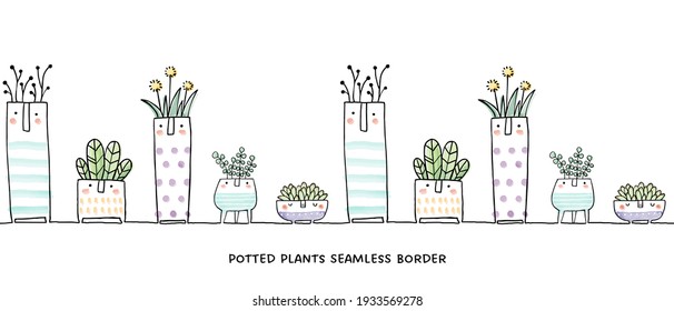 Seamless border with hand drawn potted plants. Watercolor illustrations of cute and funny flower pots on white background.