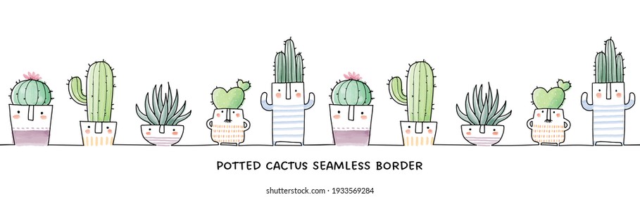 Seamless border with hand drawn potted cactus. Watercolor illustrations of cute and funny cactus on white background.