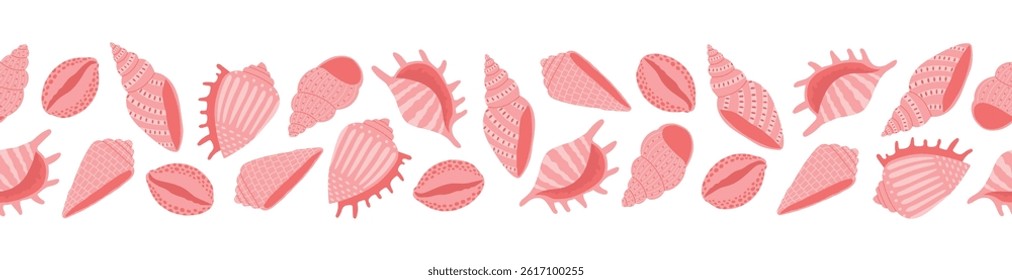 Seamless border of hand drawn seashells in pink colors. Background for print, greeting card, textile, wallpaper. Vector illustration