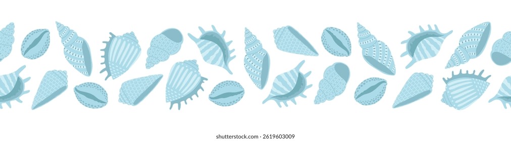 Borda sem emenda de conchas desenhadas à mão em cores azuis. Fundo para impressão, cartão de saudação, têxtil, papel de parede. Ilustração vetorial