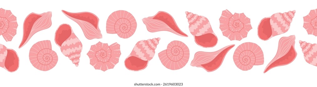 Borda sem emenda de conchas desenhadas à mão em cores rosa. Fundo para impressão, cartão de saudação, têxtil, papel de parede. Ilustração vetorial