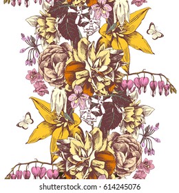 Seamless border with hand drawn spring flowers on white background