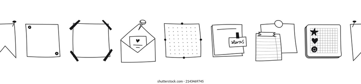 Seamless border of hand-drawn memo notepads outline. Doodle Blank square sheets of paper for notes. Various types of envelope with pins, clips, stickers, tape. Vector of sketch reminders isolated.