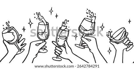 seamless border, hands holding glasses with wine and champagne. party, new year, wedding. vector doodle illustration
