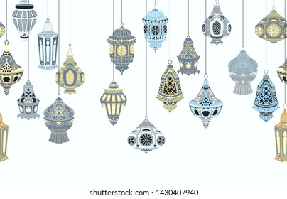 Seamless Border With Hanging Arabic Lanterns. Collection Of Traditional Oriental Lamps With National Floral Ornament. Isolated Objects On White Background. Vector Illustration