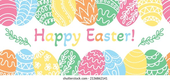 Seamless border happy easter with colored eggs in doodle style. Set of elements under the mask.