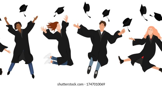 Seamless border with happy graduate students in graduation clothing jumping and throwing the mortarboard high into the air. Flat vector illustration pattern isolated on white.