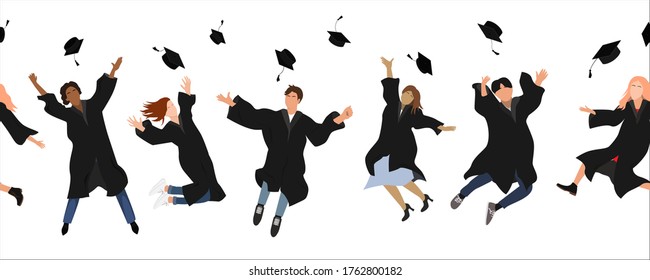 Seamless border with happy graduate students in graduation clothing jumping and throwing the mortarboard high into the air. Flat vector illustration pattern isolated on white.