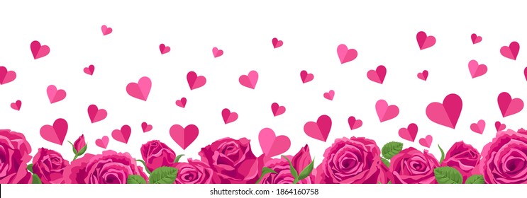 Seamless border of hearts and roses. Vector illustration, background for Valentine s day, cards with red hearts. Blooming frame with pink flowers roses, a concept of decoration for Valentines day