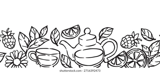 borde sin fisuras de té de hierbas, Ilustración vectorial en estilo doodle.