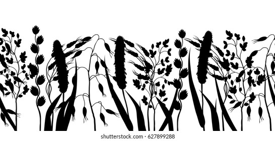 Seamless border with herbs and cereal grass silhouettes. Floral ornament of meadow plants.
