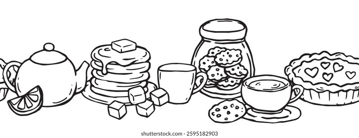 seamless border with homemade pies, waffles, pancakes and tea. vector illustration in doodle style, cozy banner	