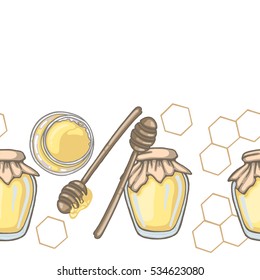 Seamless border with honey dipper and honey in jar with honeycomb decor on white background, vector illustration