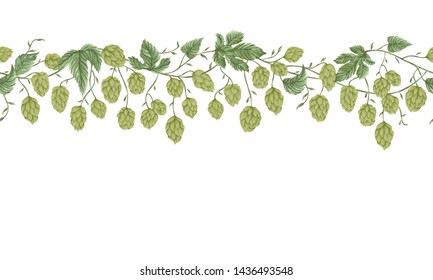 Seamless border with hops. Floral composition with hop cones, leaves and branches. Isolated elements. Vintage hand drawn illustration in watercolor style.