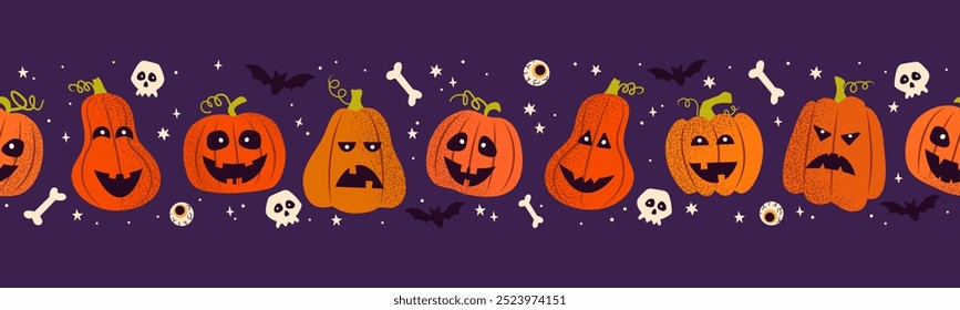 Borde sin fisuras en dirección Horizontal con calabazas, calaveras, huesos y murciélago con efecto texturizado para Feliz Halloween. Fondo púrpura oscuro.