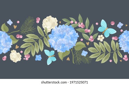Seamless border with a hydrangea flower on a beautiful background. Vector illustration.