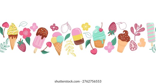 seamless border with ice cream elements of berries, flowers and leaves. Ideal for packaging design, textiles, tableware, clothing, wallpaper. IIllustration on isolated background