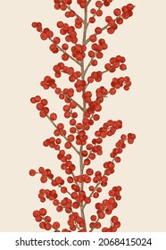 Nahtlose Grenze mit illex beeren. Wintereinrichtung. Vertikales Muster. Vektorbotanische Illustration. Rot.
