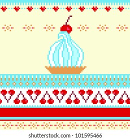 Seamless border illustration with cake and cherries, the scheme for cross stitch, bead's work