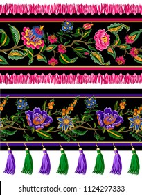 Seamless border with Indian ethnic ornament and fringes. Folk flowers and leaves for print or embroidery. Vector illustration.