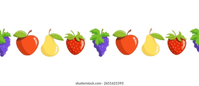 Seamless border of isolated fruits grapes, apple, pear, strawberry on white background. Vector illustration for children's decoration, kitchen supplies. 