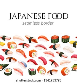 Seamless border japanese food. Seafood sushi rolls shop design. Vector illustration.