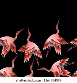Seamless border with Japanese red crane in batik style. Vector illustration.